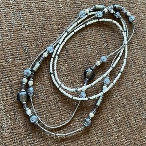 2 for 1! 34” white & black bead necklace & 48” black, grey, silver bead necklace